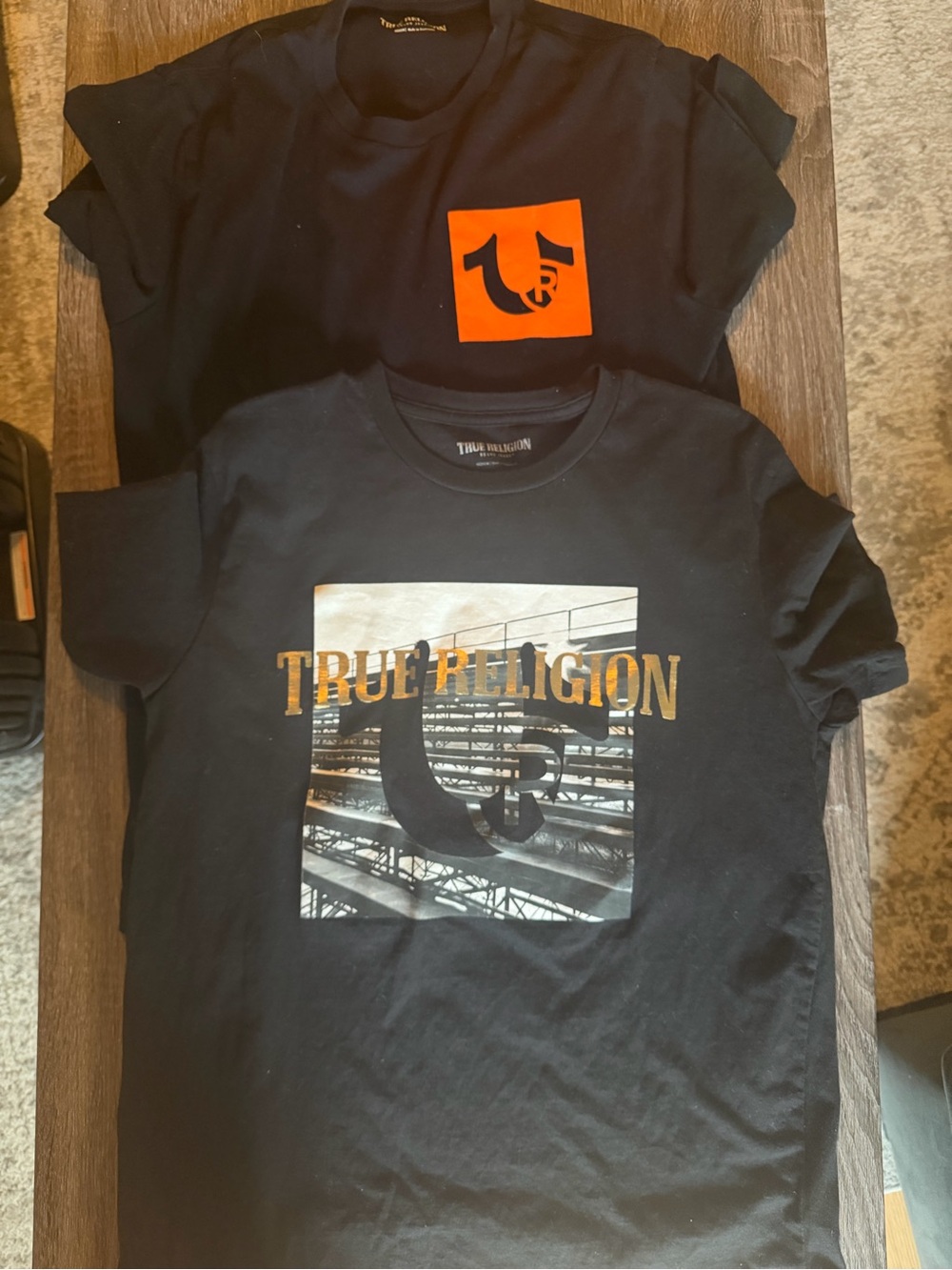 True Religion Black Tee Pair with Orange and Gold Graphics
